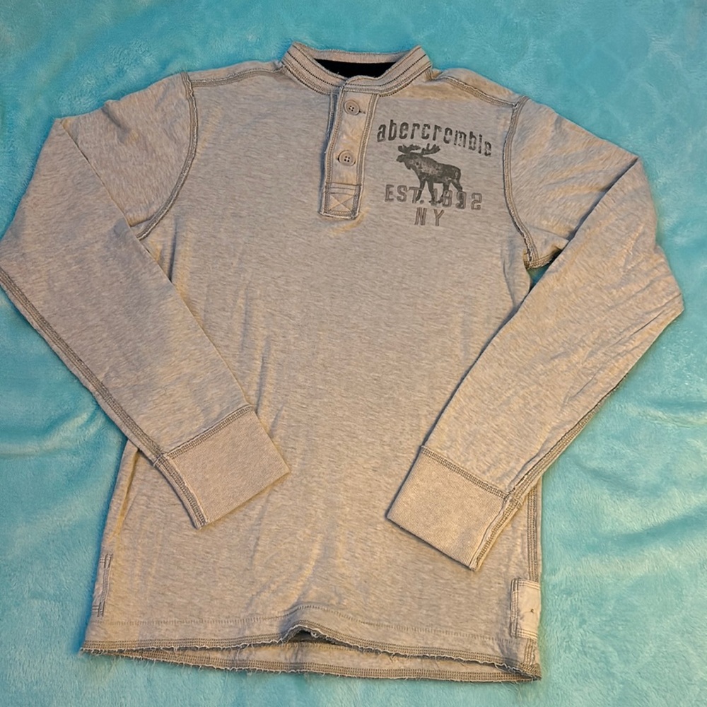 Abercrombie Youth XL Button Neck Long Sleeve Cotton Shirt - Moose Logo